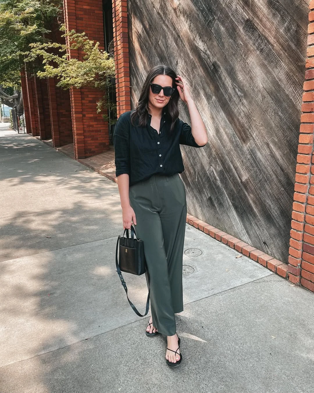Effortless Black Button-Down and Olive Wide-Leg Trousers