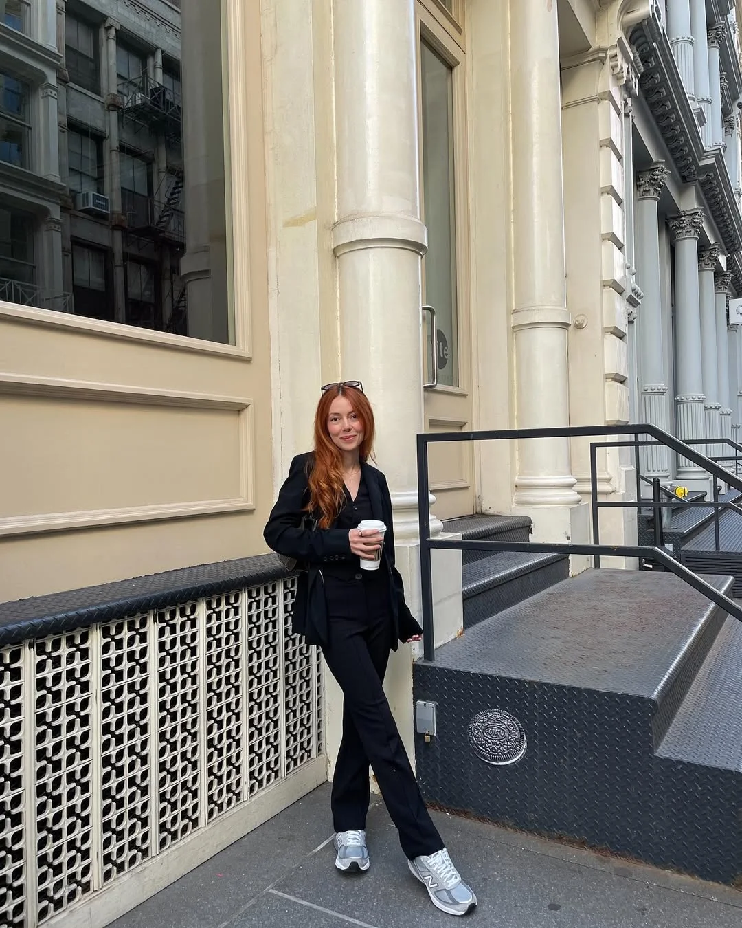 Effortless Black Suit With Grey Sneakers