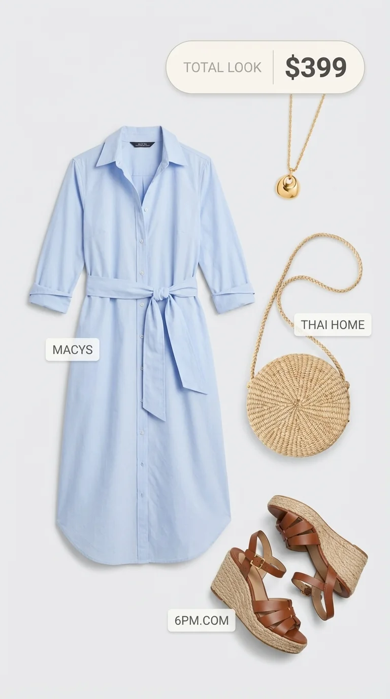 Effortless garden party birthday dresses 2026 featuring a sky blue shirtdress, espadrille sandals, and a straw crossbody bag.