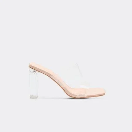 EGO Casa Double Clear Perspex Strap Block Heel Mule In Nude Faux Leather Women's
