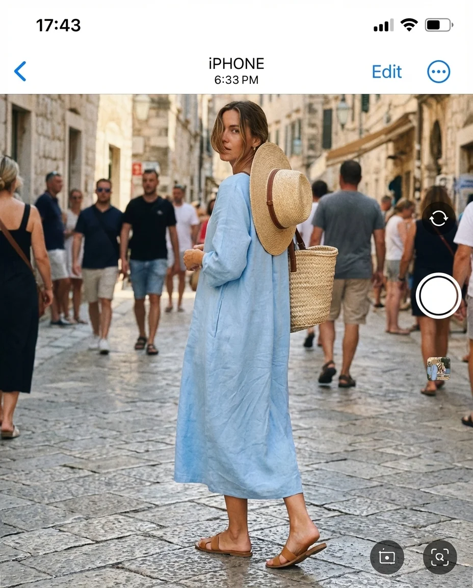 Elegant sky blue linen maxi dress, tan flat sandals, and a straw tote for chic Italy summer outfits 2026. Perfect for resort wear.