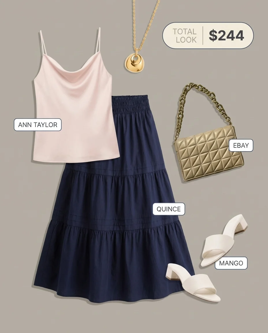 Elegant summer disney outfits for Disney Springs: navy tiered maxi skirt, blush satin camisole, cream shoulder bag, gold necklace, block heels.