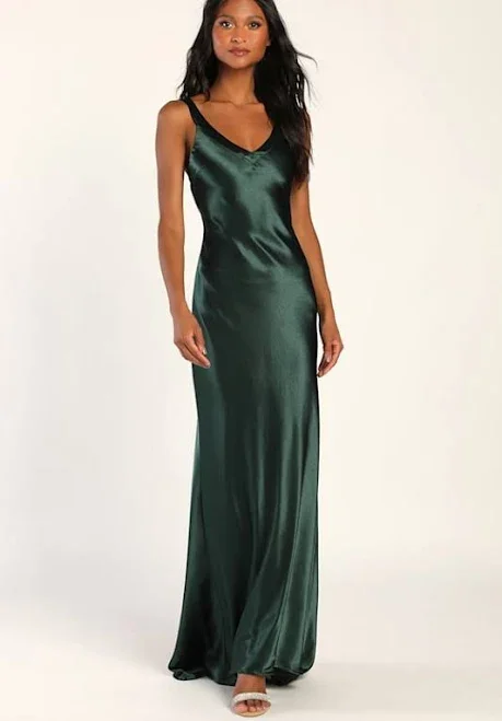 Emerald Green Satin Strappy Maxi Dress | Womens | Small (Available in M, L) | 100% Polyester | Lulus | Homecoming | Prom