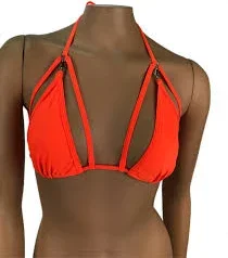 Exotic Dancewear Neon Orange Triangle Bikini Top Rave Outfits Strappy String Adjustable Swimwear Cage Bikini Top Bra With Connector