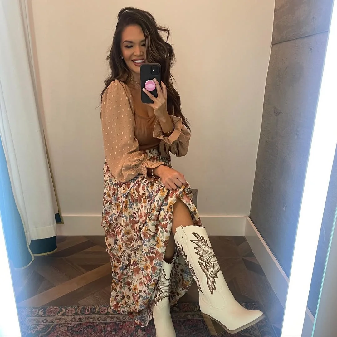 Floral Maxi Skirt With Embroidered Cowgirl Boots
