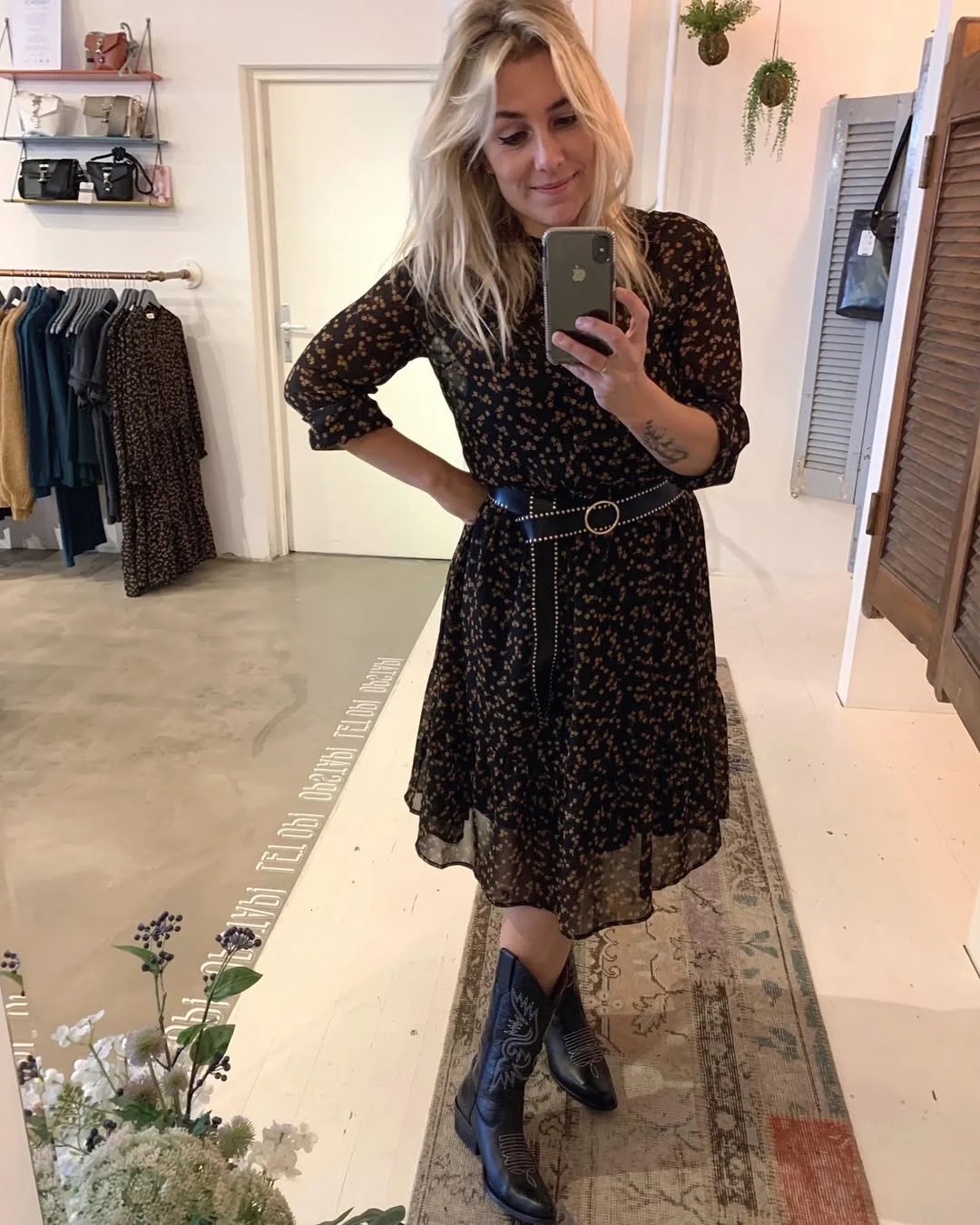 Floral Midi Dress With Black Cowboy Boots