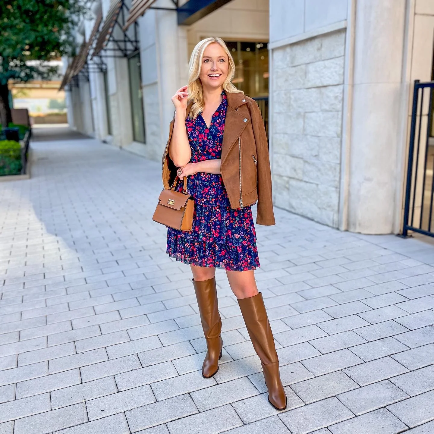 Floral Mini Dress With Suede Moto Jacket