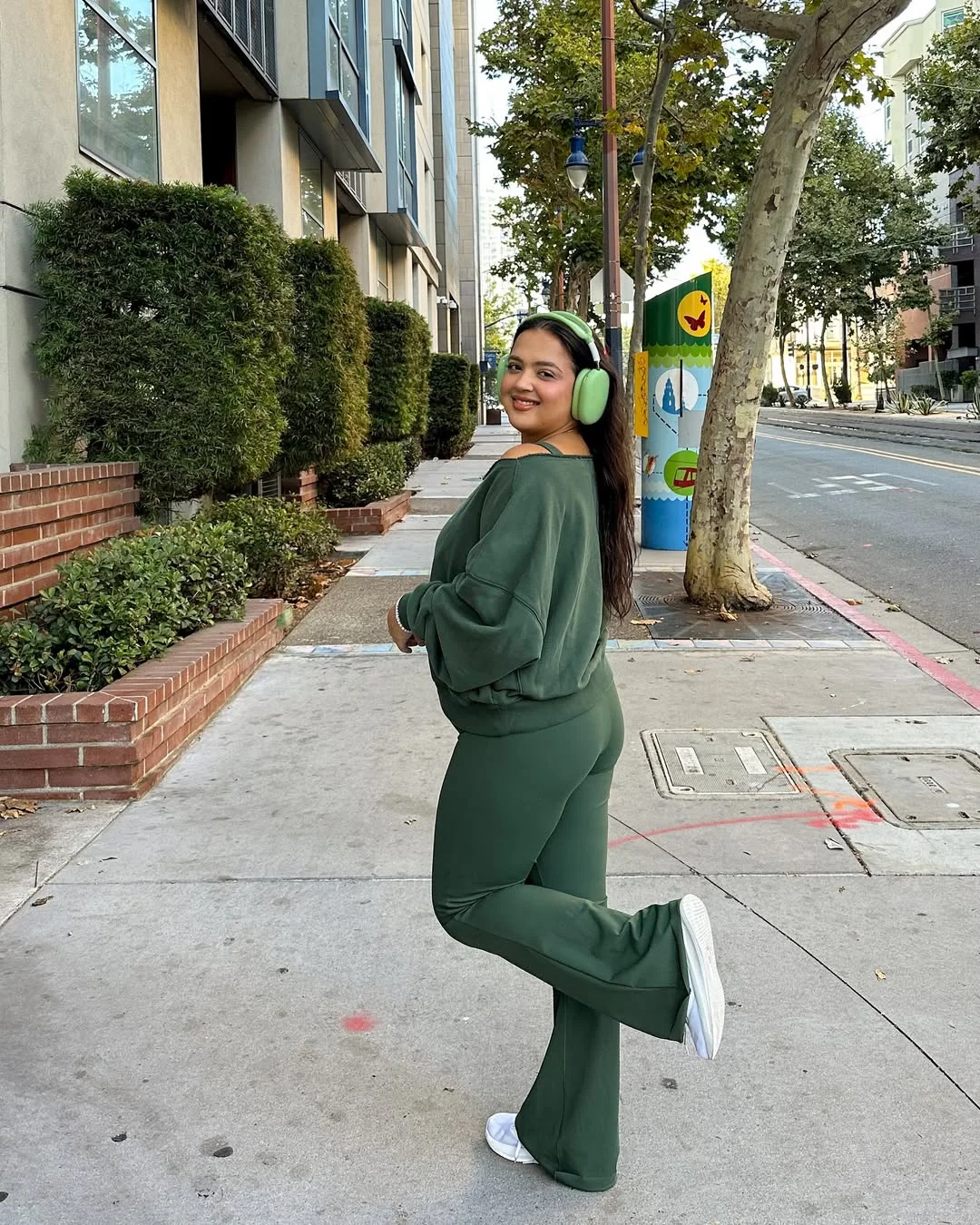Forest Green Lounge Set With White Sneakers