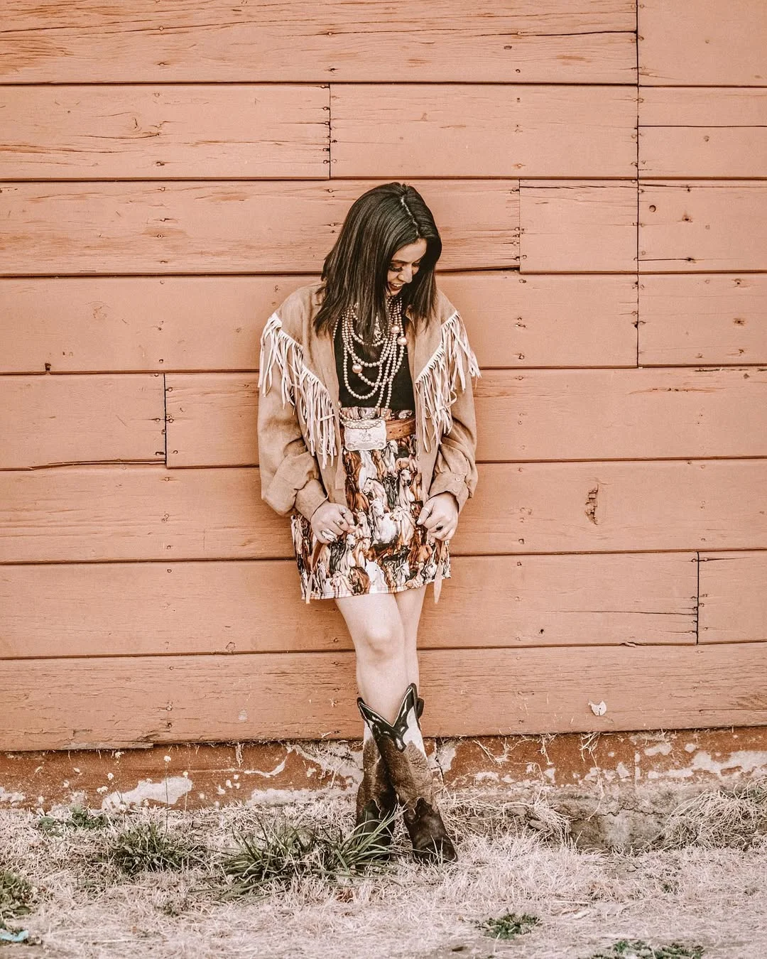 Fringe Jacket And Horse Print Mini Skirt Western Look