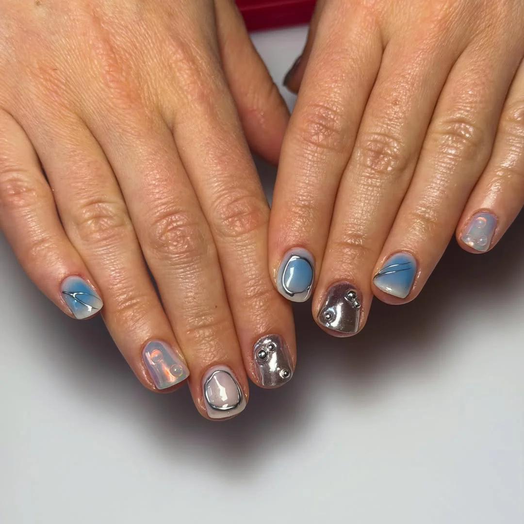 Futuristic Chrome Blue Opal Short Round Nails