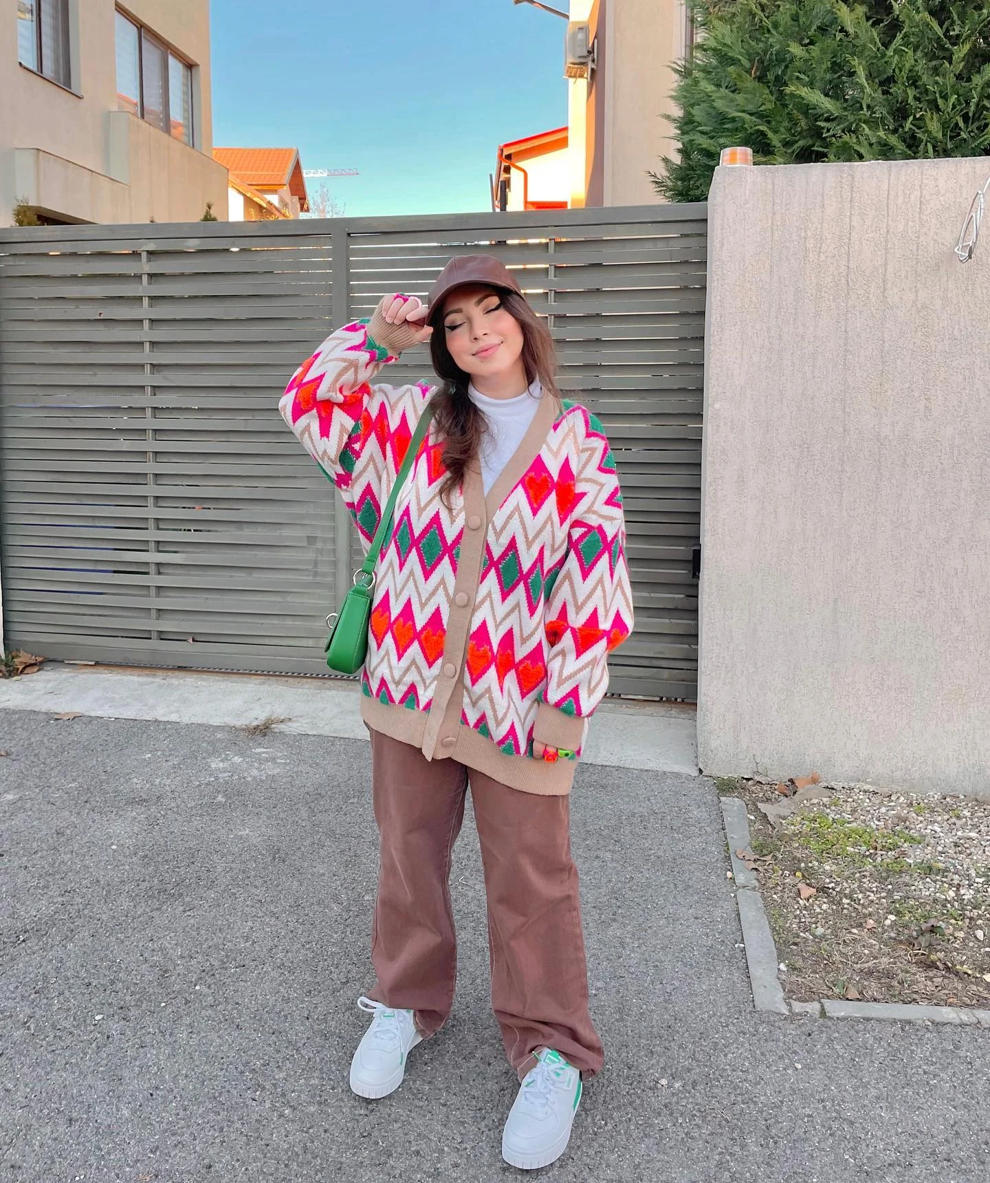 Geometric Cardigan With Brown Trouser Street Style