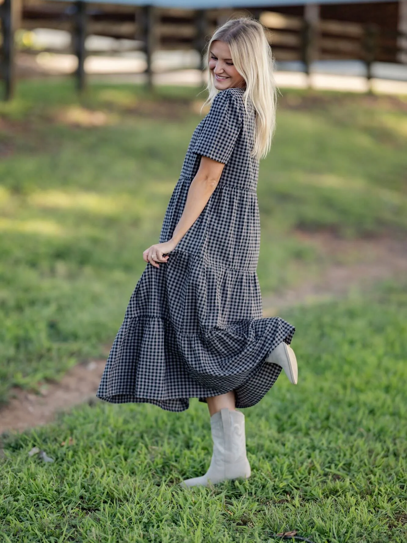 Gingham Tiered Midi Dress With Western Boots Style