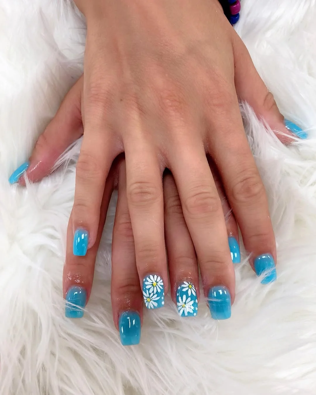 Glossy Blue Jelly Square Nails With Daisy Art
