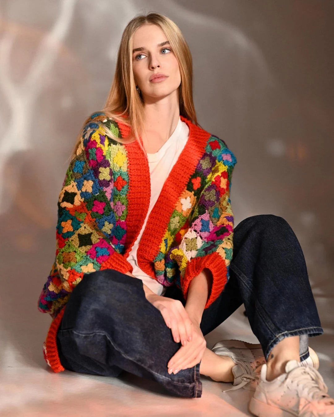 Granny Square Cardigan With Dark Wash Denim