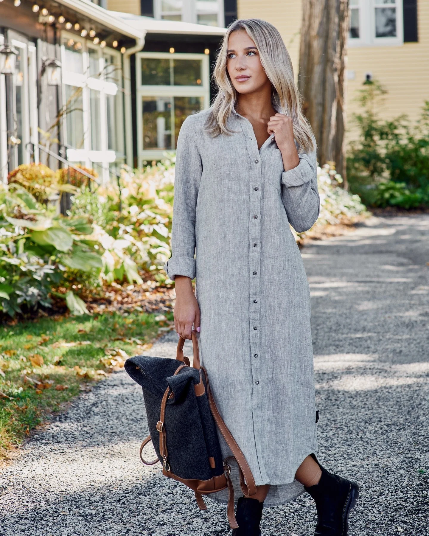 Grey Linen Shirtdress With Black Boots