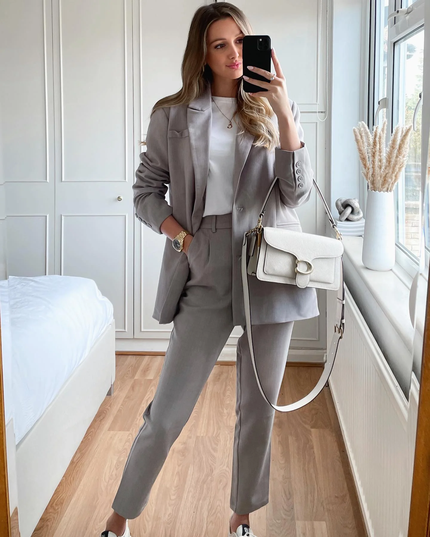 Grey Power Suit With White Tee And Sneakers