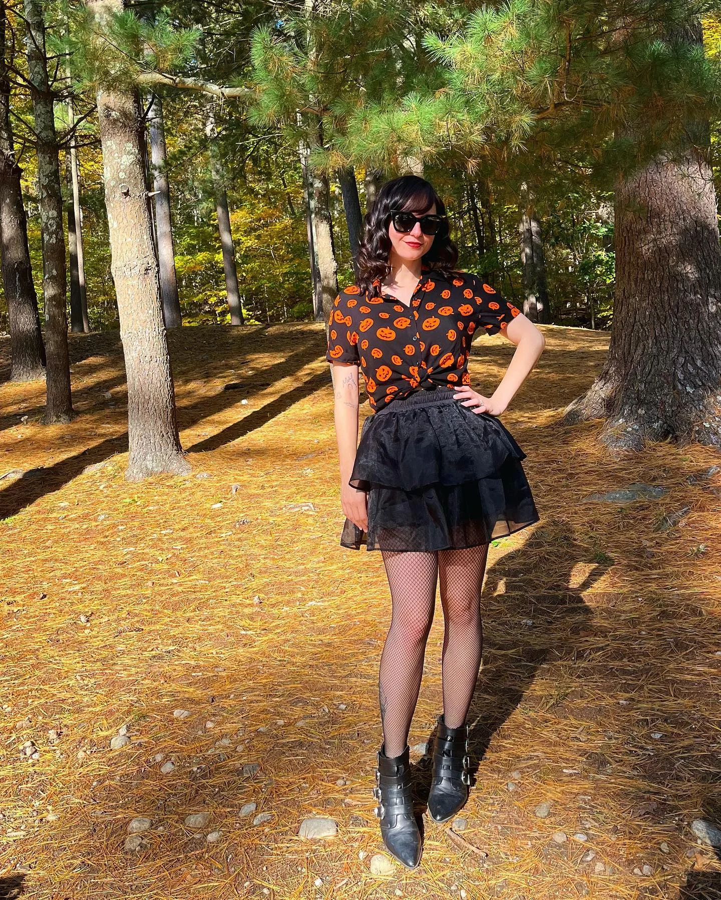 Halloween Pumpkin Print Top With Black Ruffled Skirt