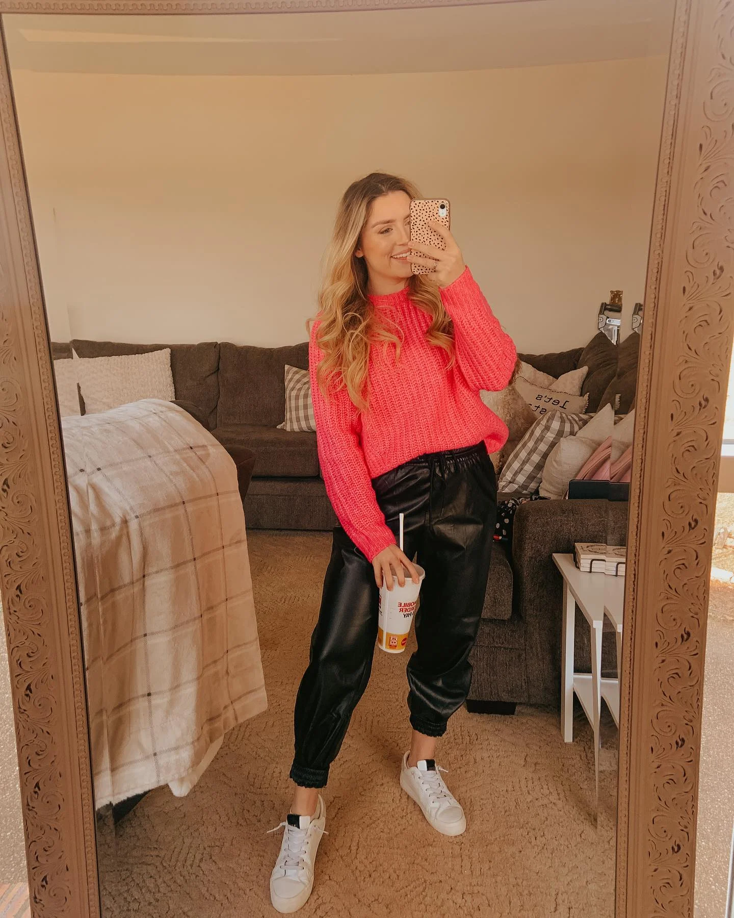 Hot Pink Sweater And Faux Leather Jogger Athleisure
