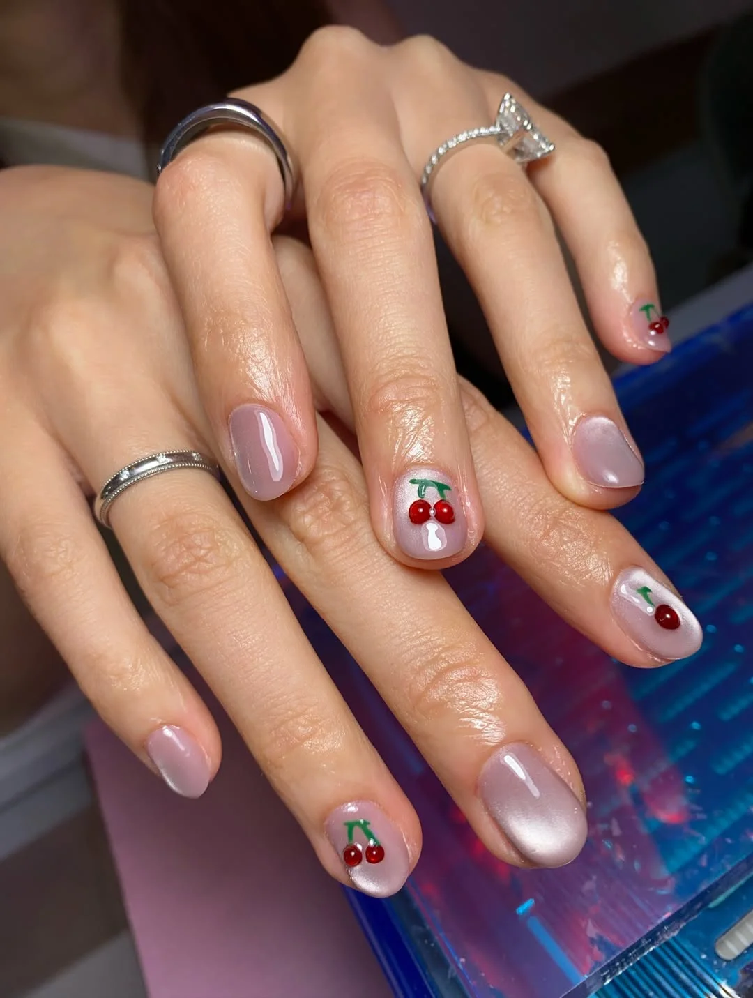 Iridescent Milky Pink Short Cherry Dot Nails