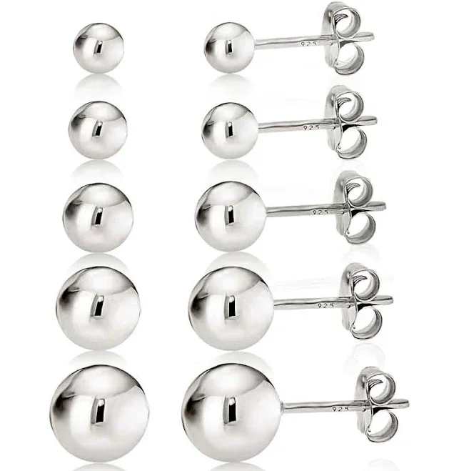Kezef Women's 925 Sterling Silver High Polish Smooth Round Ball Stud Earring 3-Size Set