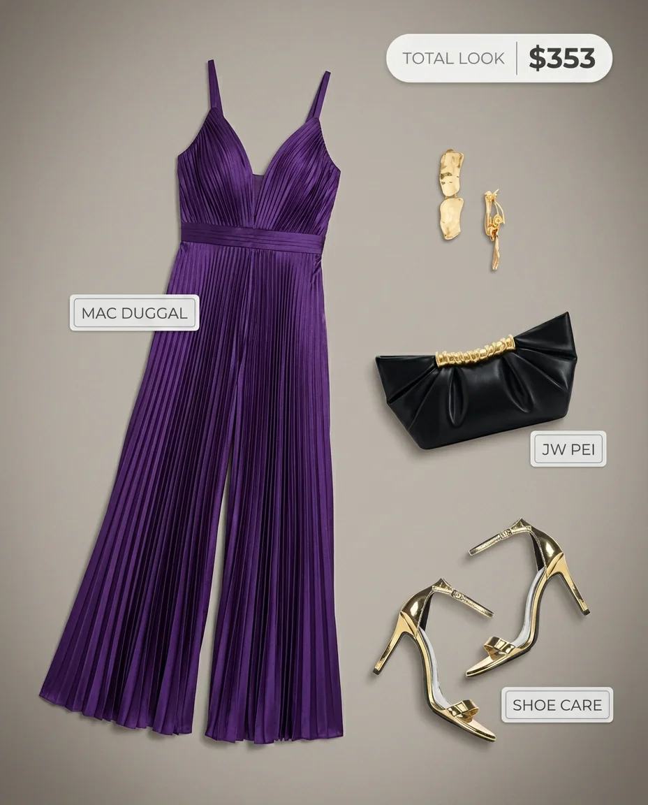 Late Night Luxe baddie summer outfit featuring a deep purple satin wide-leg jumpsuit, metallic gold stiletto heels, and statement gold drop earrings for a cocktail party or formal dinner.
