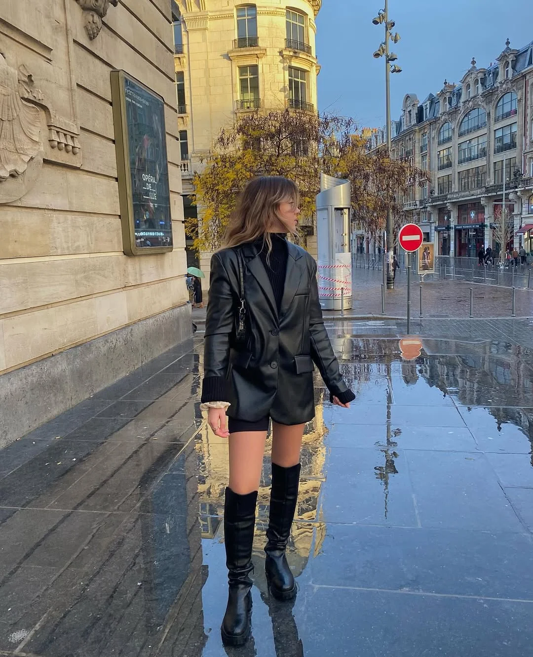 Leather Blazer And Knee-High Boots Street Style