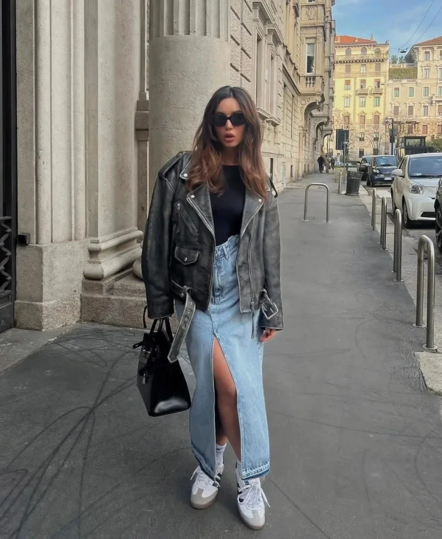 Leather Moto Jacket With Denim Maxi Skirt Look