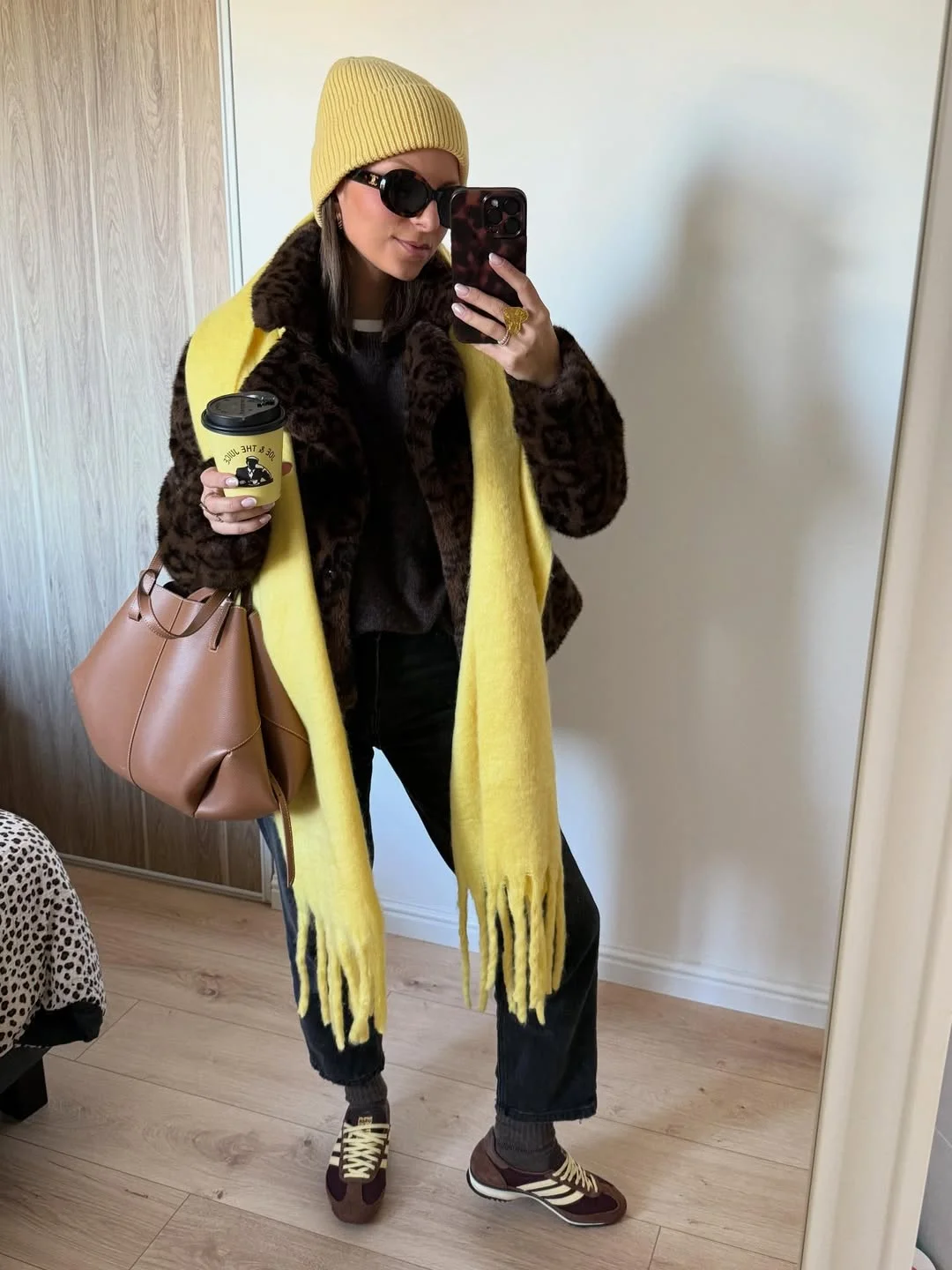 Leopard Faux Fur Coat With Bright Yellow Scarf
