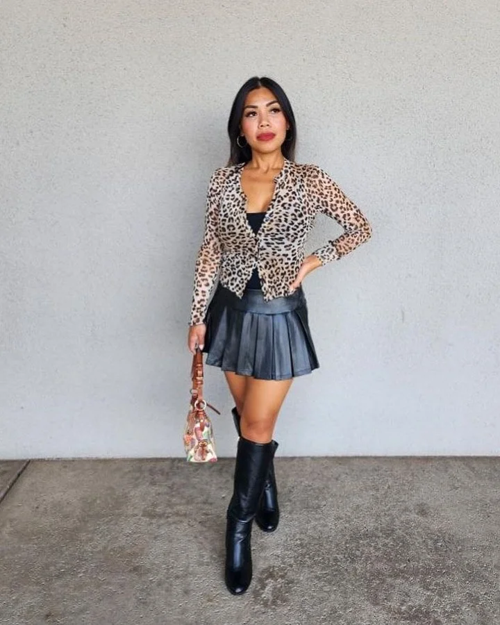 Leopard Mesh Top and Black Leather Pleated Skirt Boots