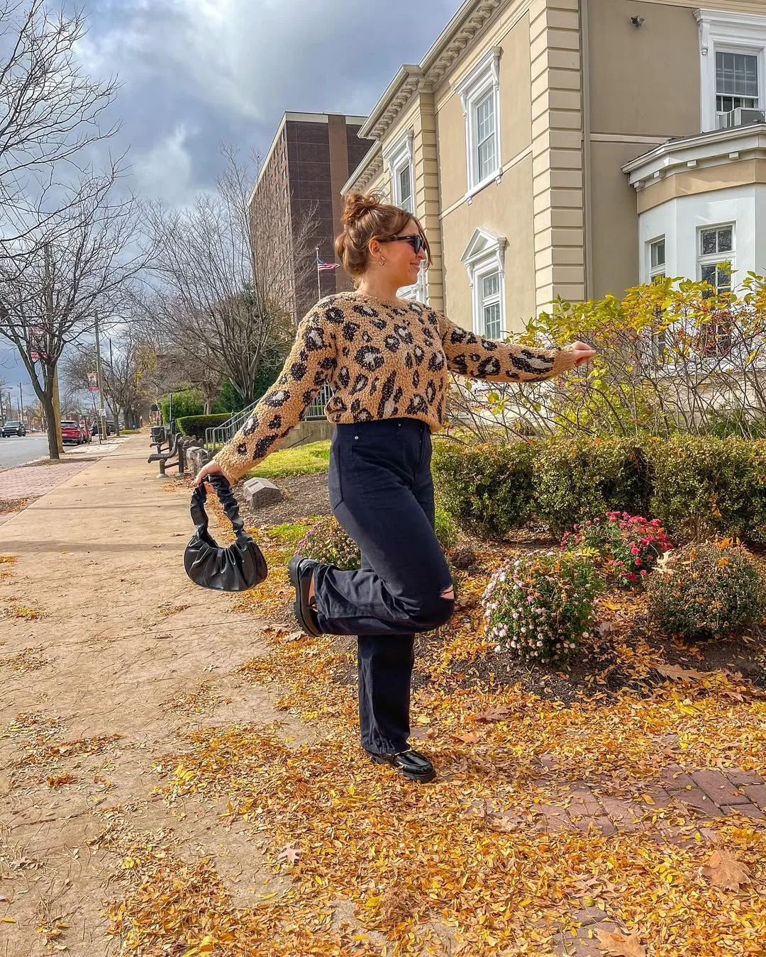 Leopard Print Sweater With Black Wide Leg Jeans Look