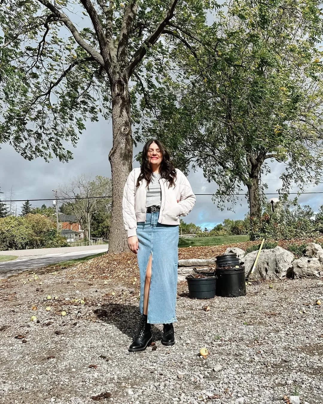 Light Puffer Jacket And Denim Maxi Skirt