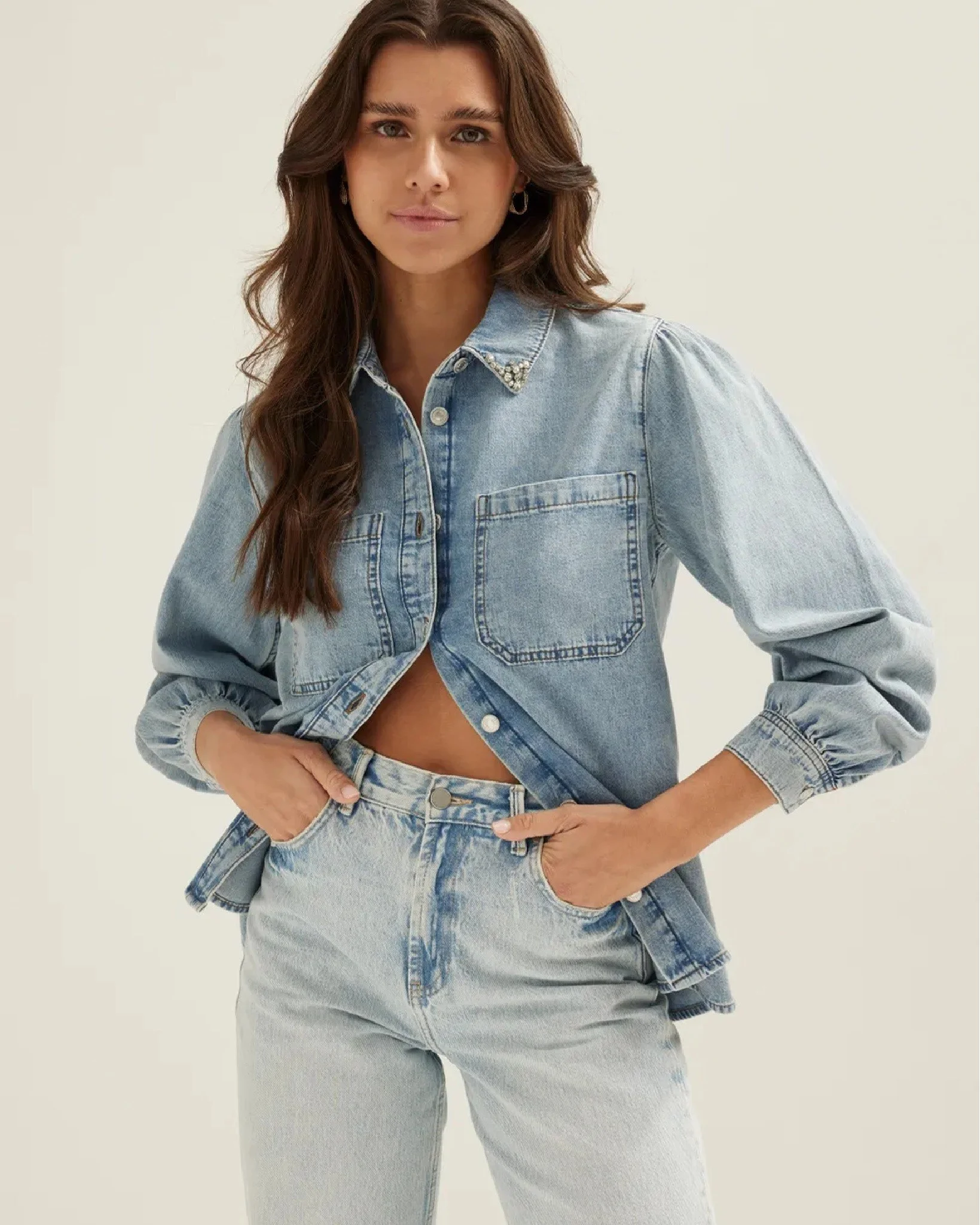 Light Wash Denim Co-ord With Statement Collar