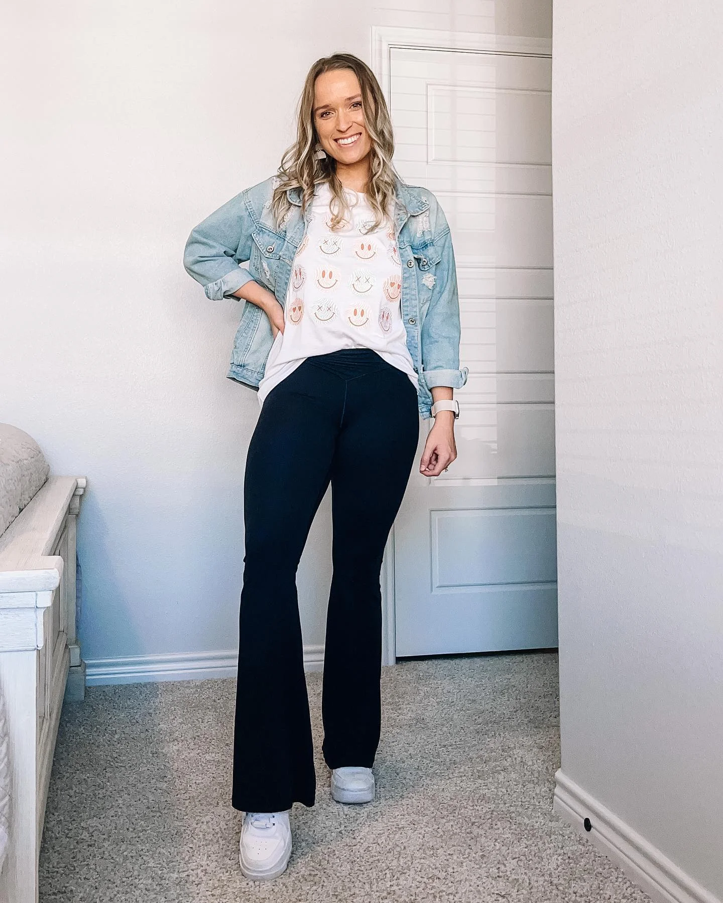 Light Wash Denim Jacket With Smiley Tee