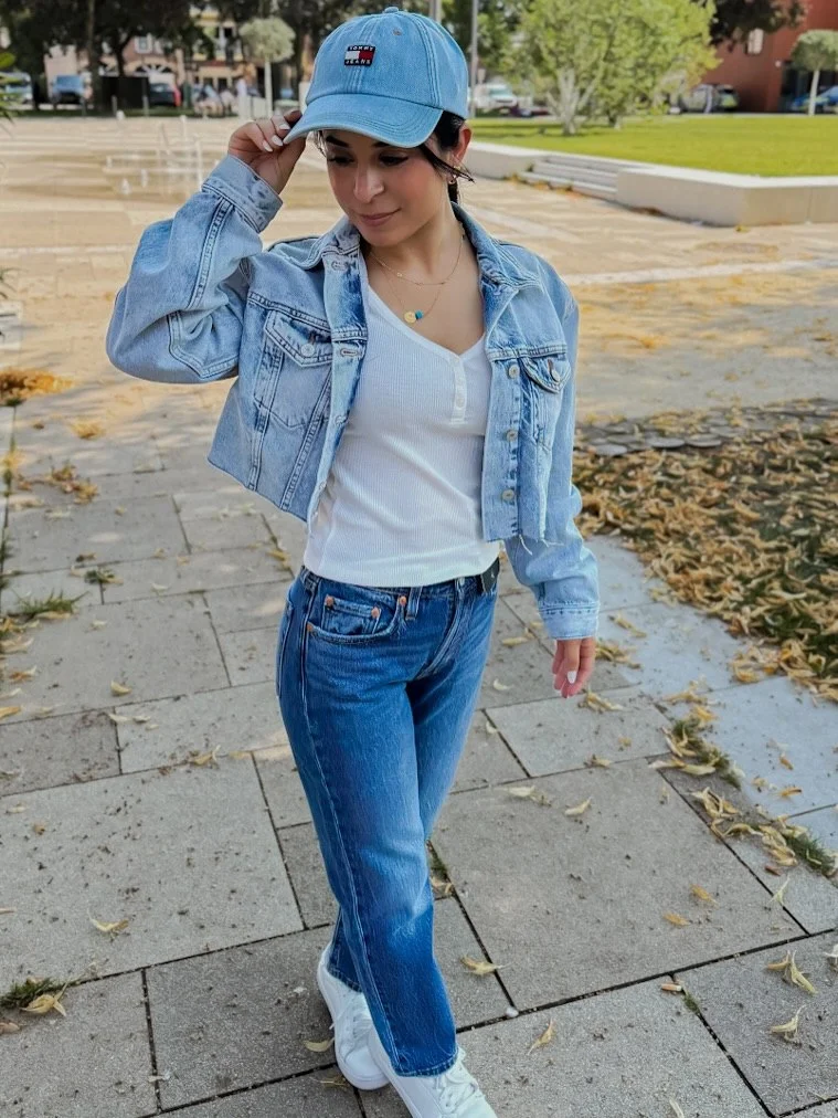 Light Wash Denim Jacket With Straight Leg Jeans