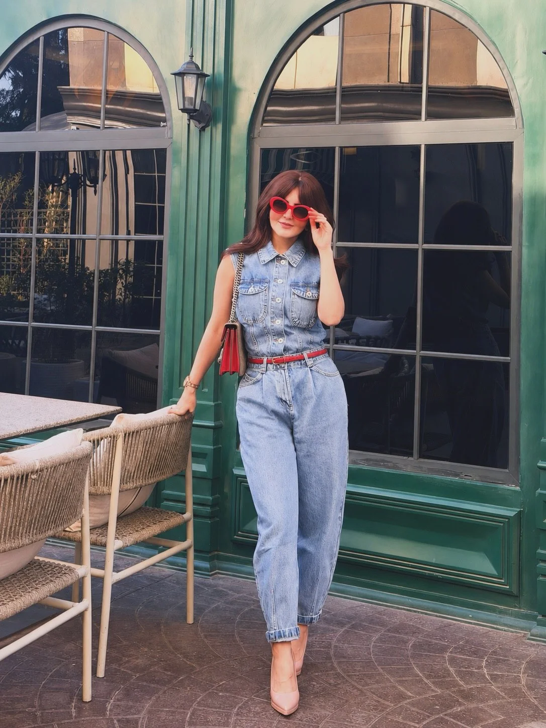 Light Wash Denim Jumpsuit With Blush Heels