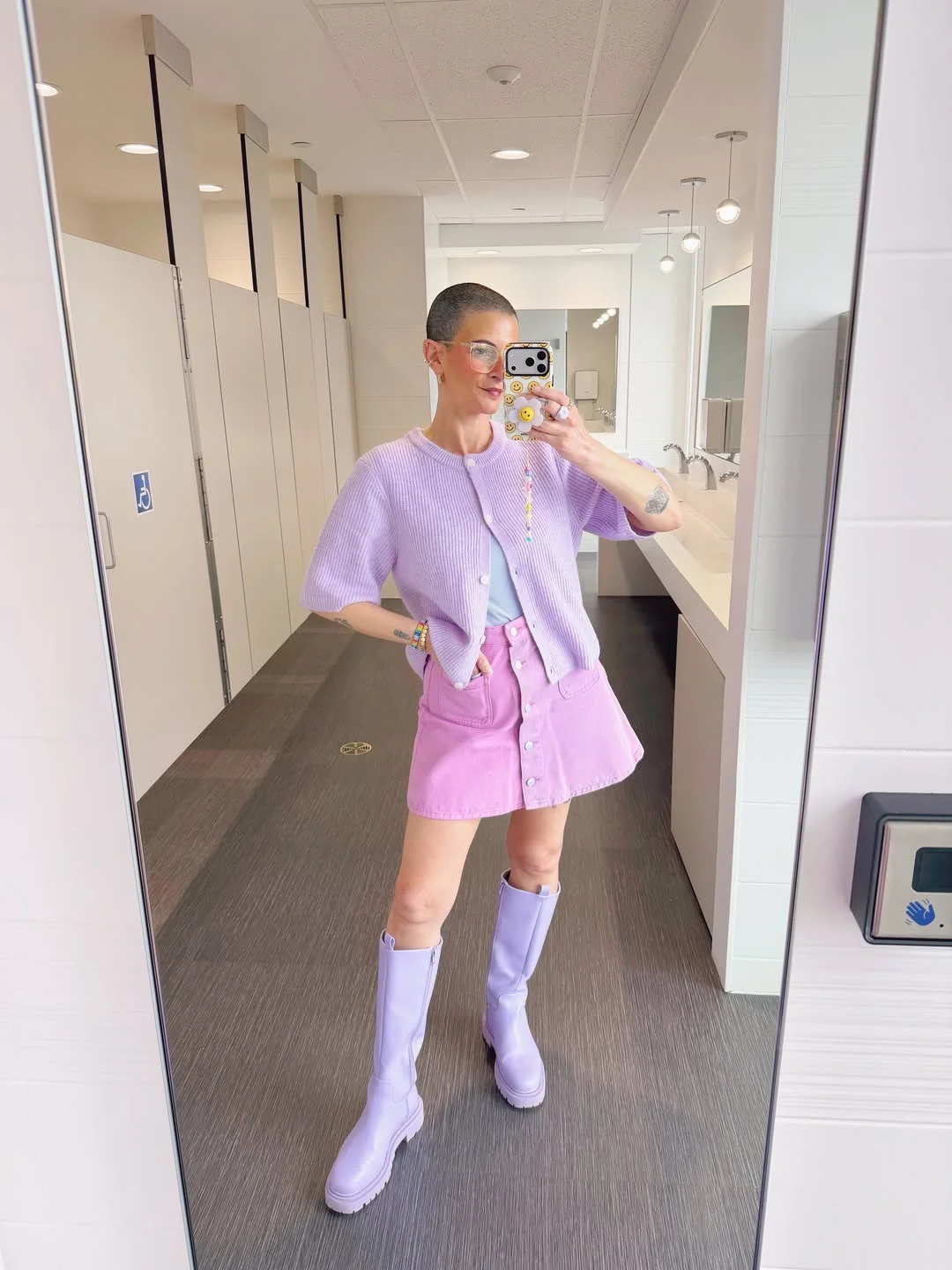 Lilac Cardigan and Pink Denim Mini Skirt