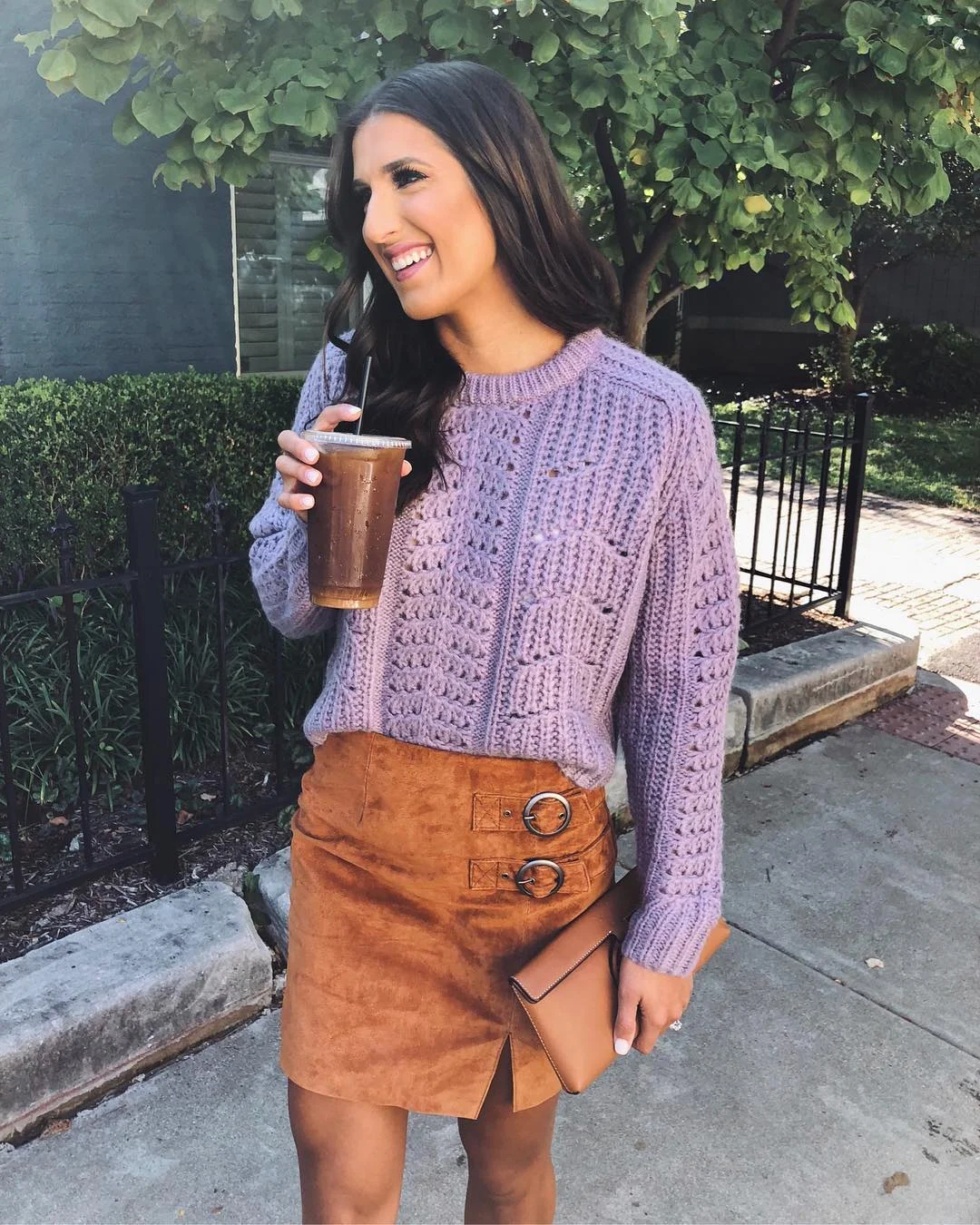 Lilac Knit Paired With Suede Mini Skirt