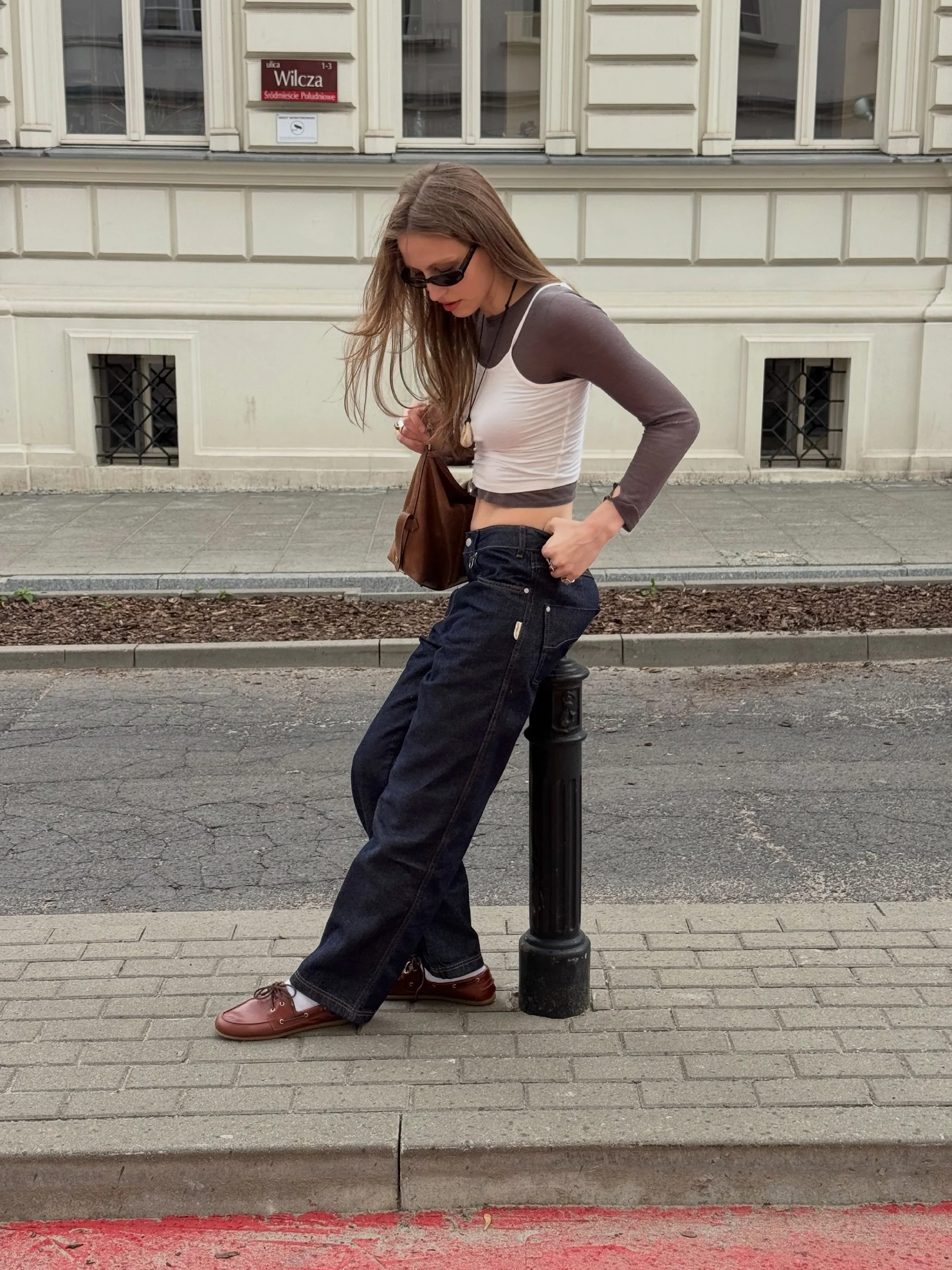 Long Sleeve Under Crop Top And Dark Wash Denim