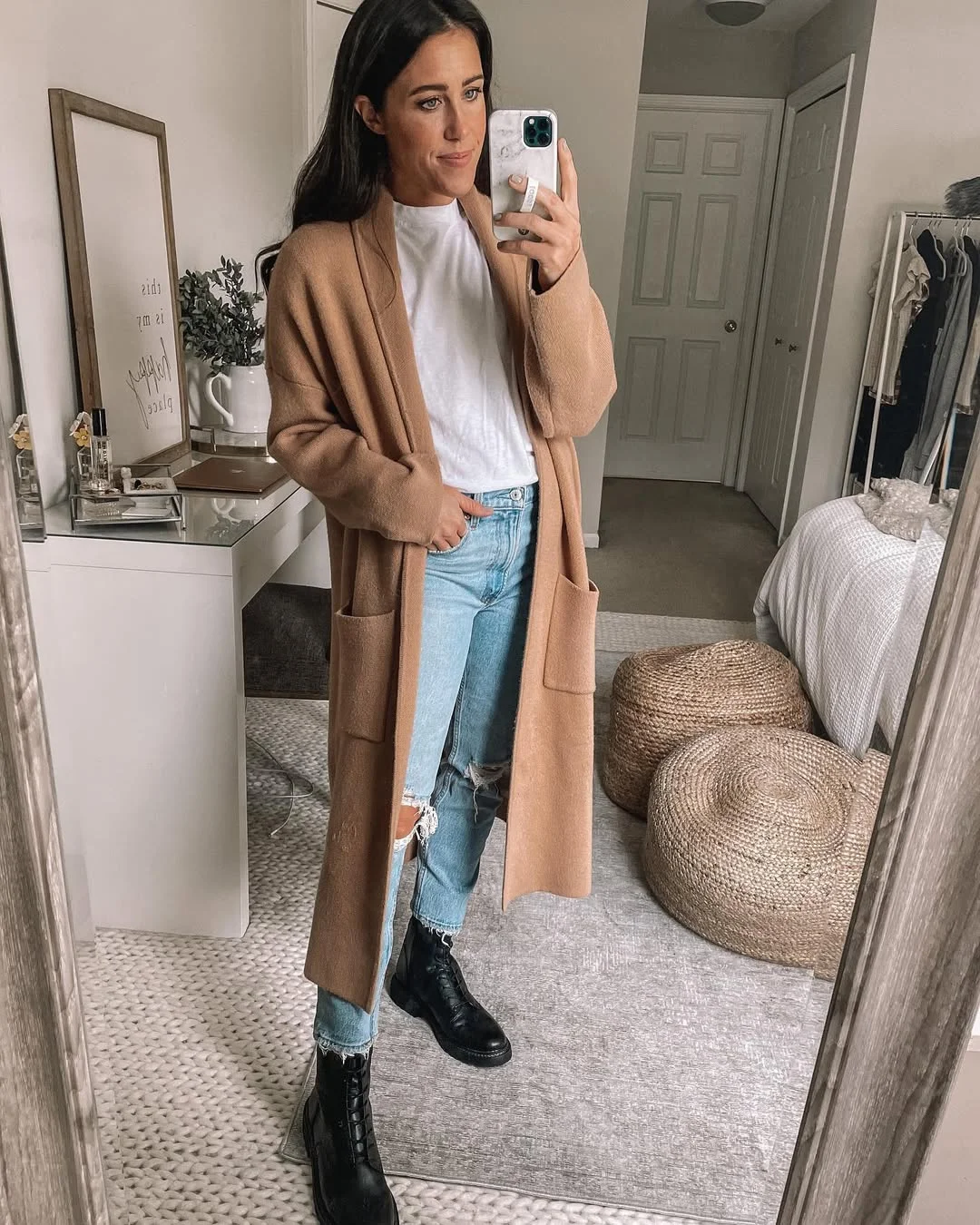 Longline Cardigan With Distressed Denim And Combat Boots