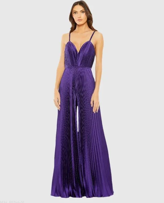 Mac Duggal Pleated Plunge Neck Wide Leg Jumpsuit