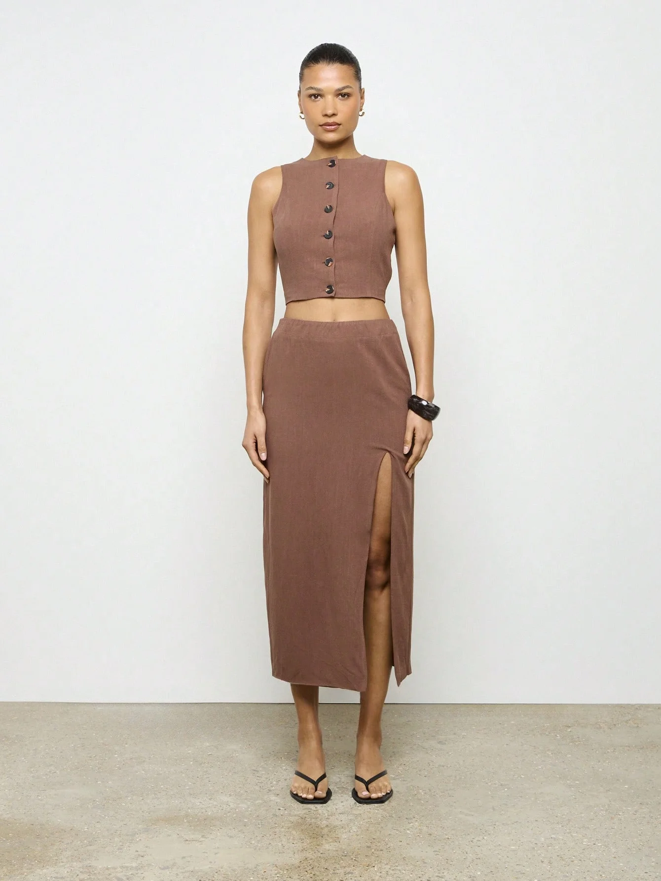matching set Missguided Aiirz Linen Look Button Front Crop Top and High Waist Maxi Skirt Set missguided $21.46