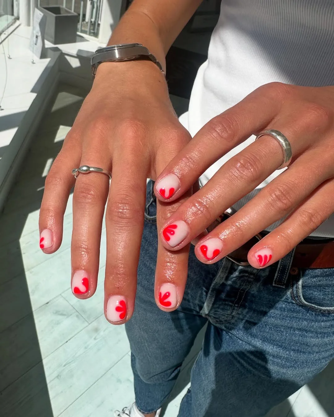 Milky Pink Abstract Red Heart Squoval Nails