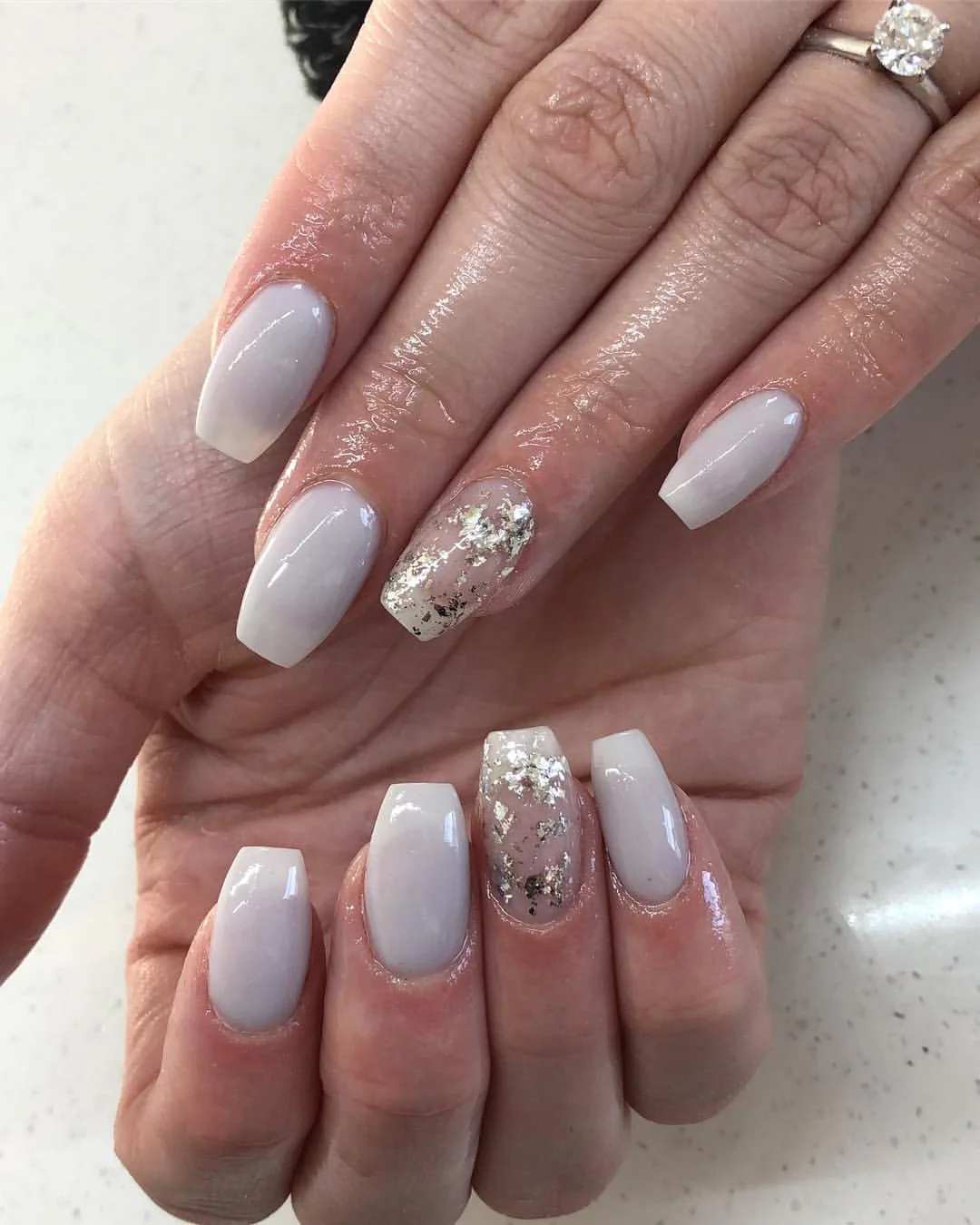 Milky White Coffin Nails with Silver Flakes