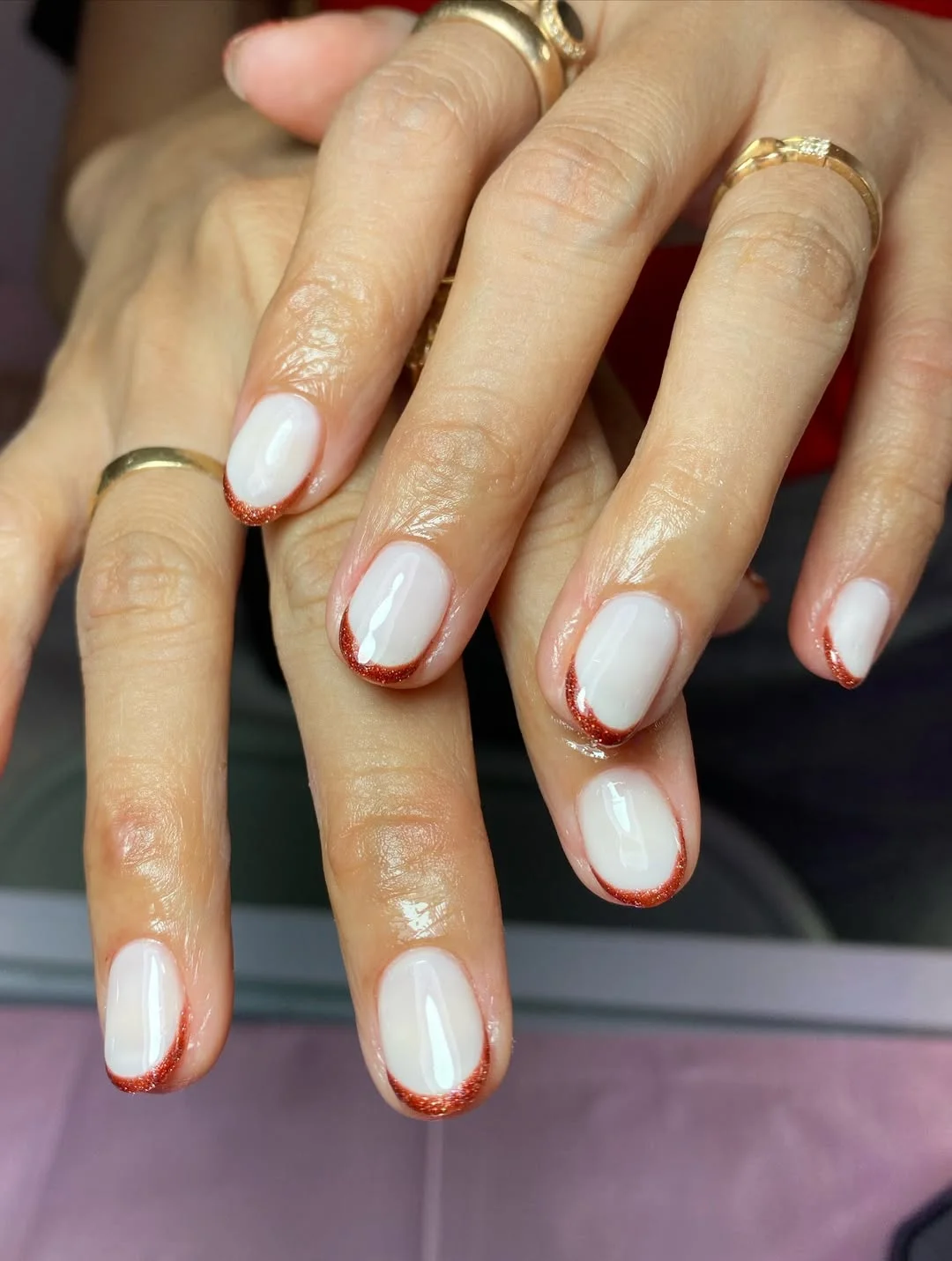 Milky White Short Oval Nails with Copper Micro French Tips