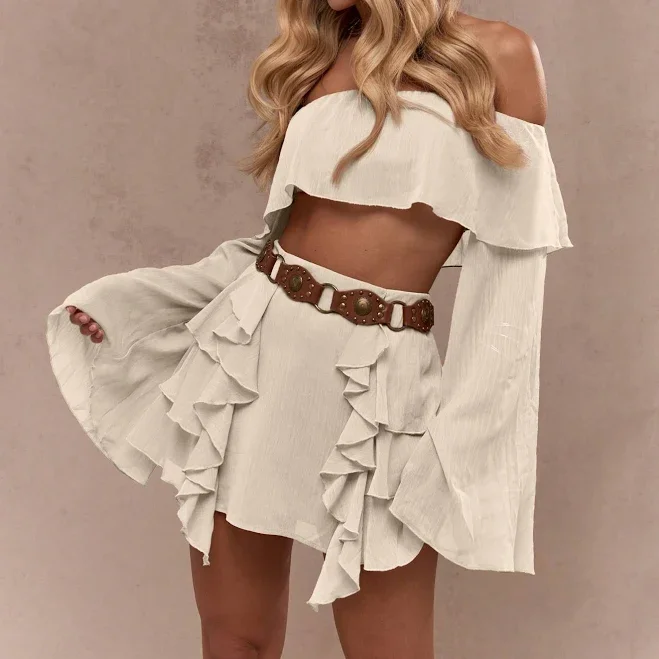 Missguided Off Shoulder Ruffle Crop Top Bell Sleeve Blouse