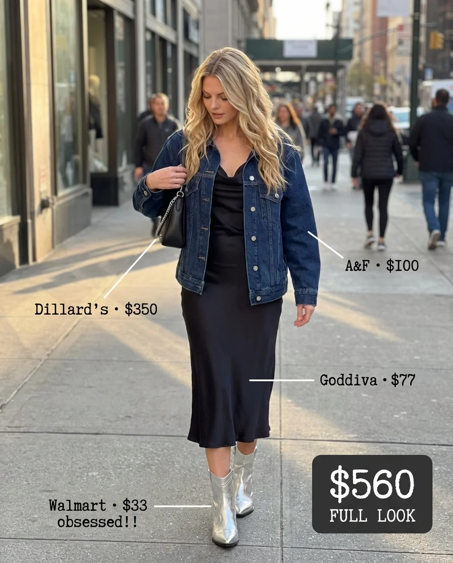 Modern black satin slip dress styled with an oversized denim jacket and metallic silver cowboy boots for urban summer cowgirl outfits 2026.