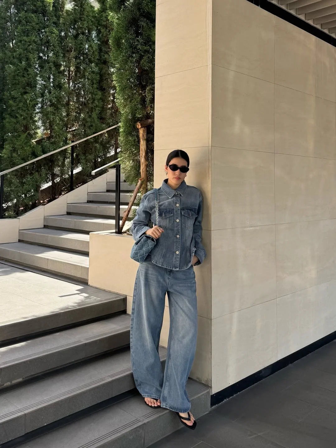 Monochromatic Denim Two-Piece Wide Leg Set