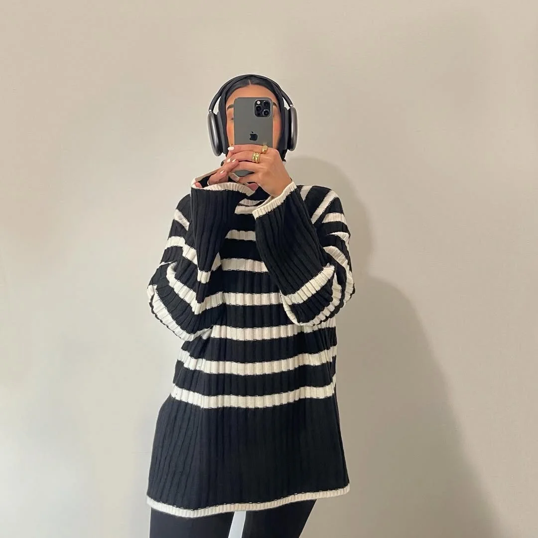 Monochrome Striped Knit With Black Leggings