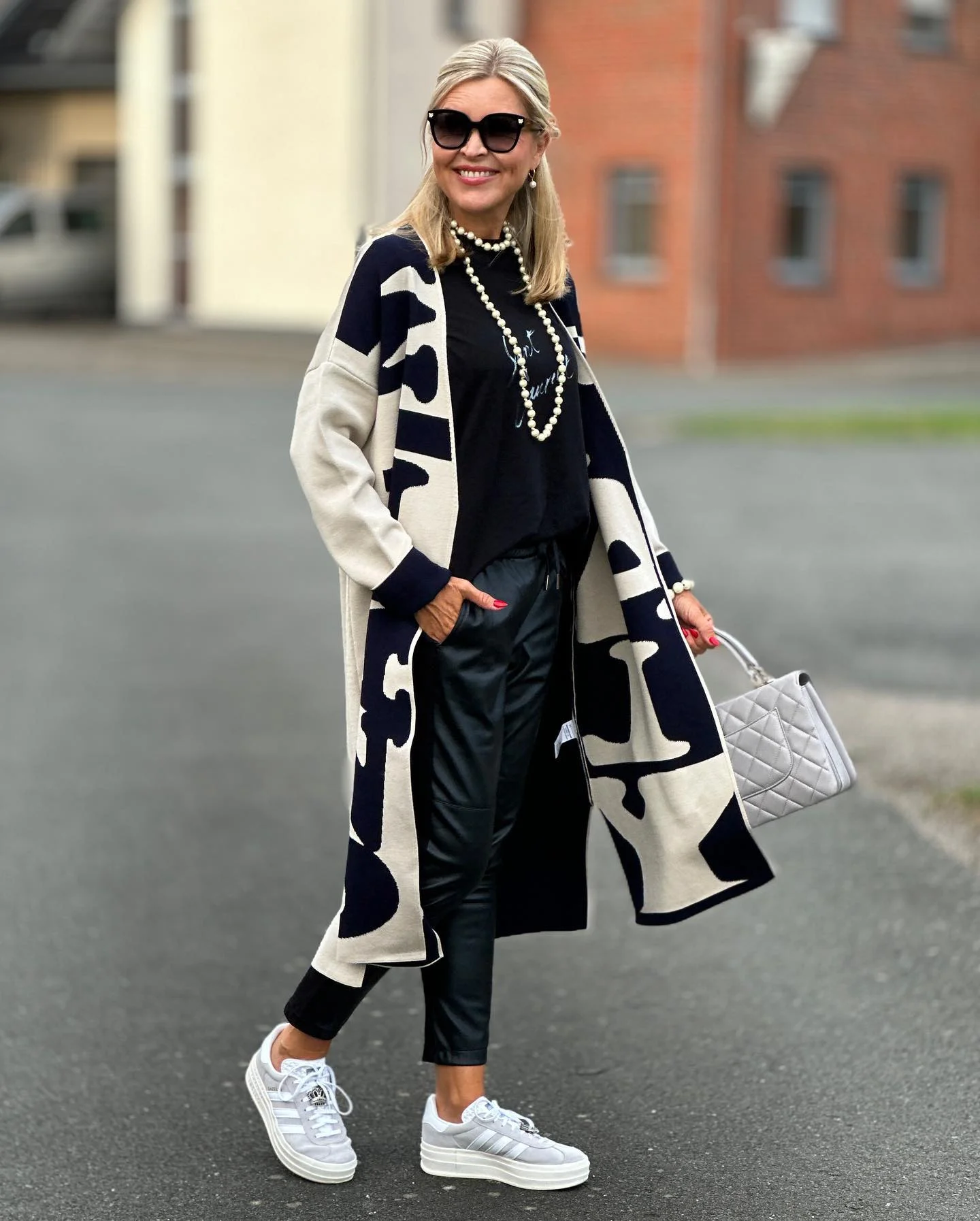 Monogram Maxi Cardigan With Leather Pants And Sneakers