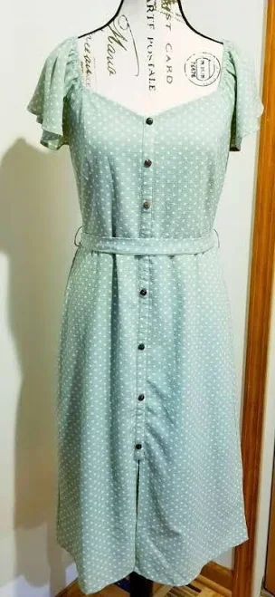 Monteau Sage Green Polka Dot Midi Dress Self Tie Button Front Large Cottage | eBay